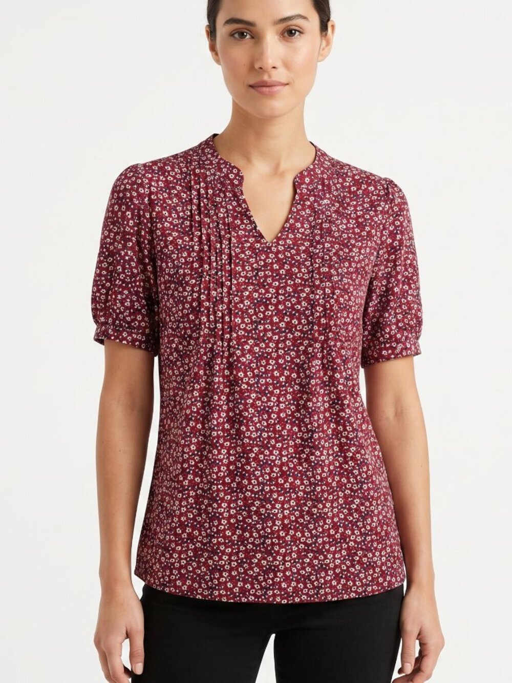 NWOT | Red Floral Print V-Neck Blouse Short Puff Sleeve Smocked Detail | Small